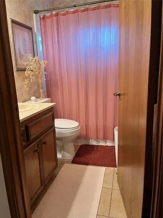 a bathroom with a sink a toilet and shower curtain