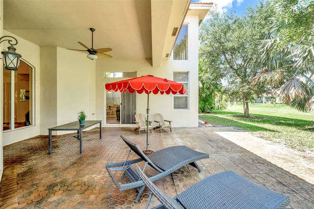 an outdoor space with furniture