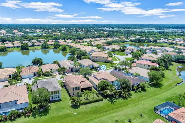 an aerial view of residential houses with outdoor space and river