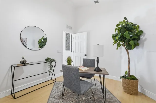 a living room with furniture and a potted plant