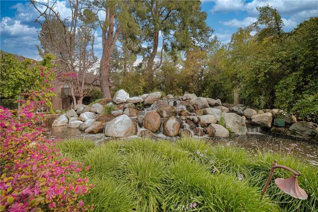 a view of a garden with a tree