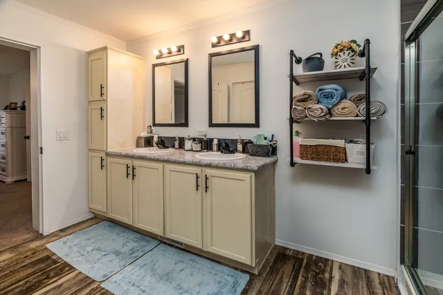 a bathroom with a sink and a mirror