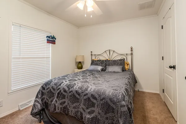 a bedroom with a bed and a window