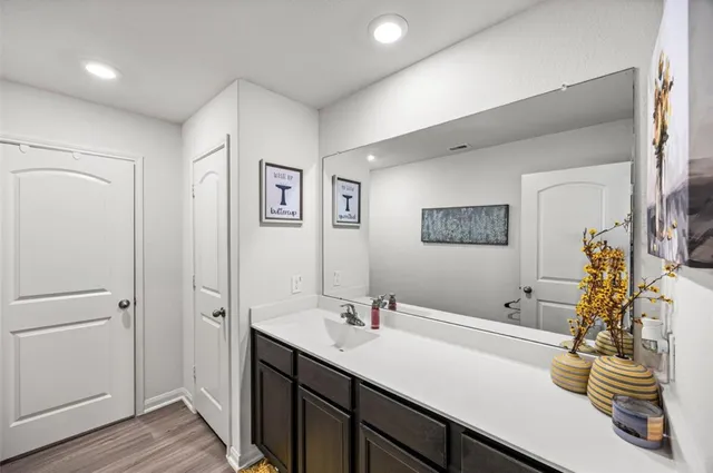 a bathroom with a sink and a mirror