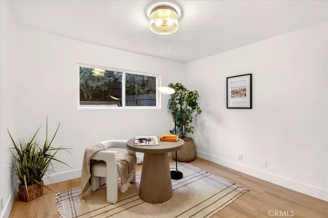 a view of a workspace with furniture and a potted plant