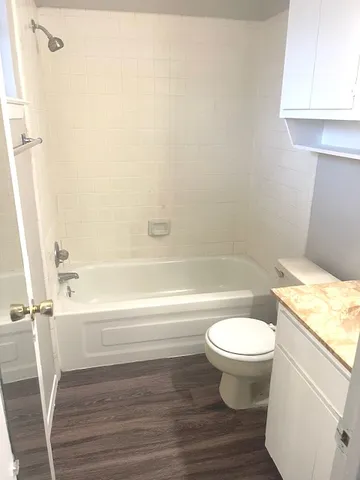 a white toilet sitting next to a bath tub
