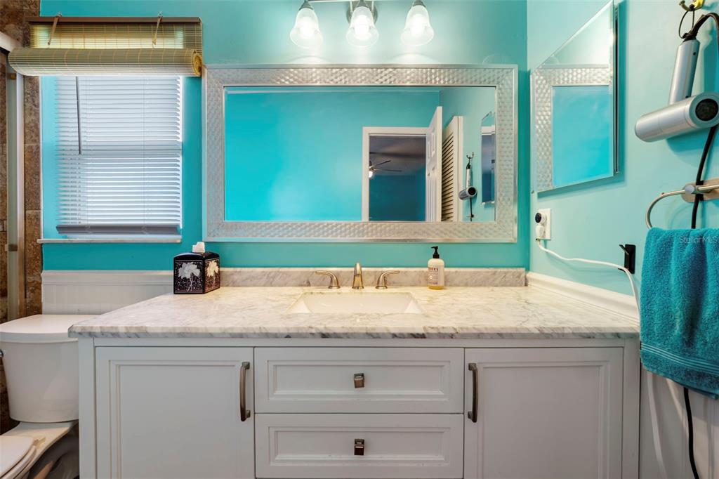 818 Eunice Drive Tarpon Springs, FL 34689 - Photo 19 of 59 a bathroom with a granite countertop sink and a mirror