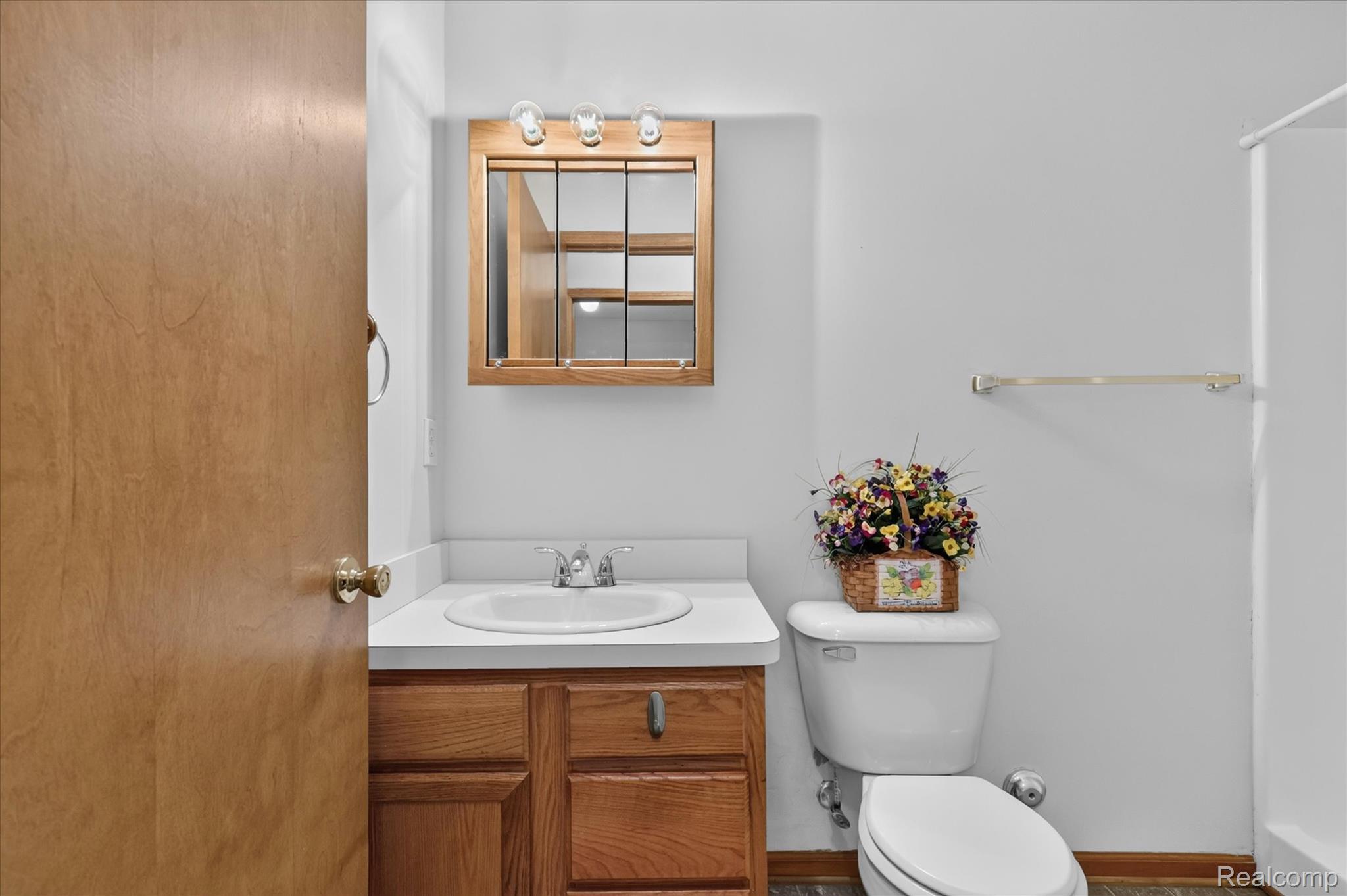 45720 Prairiegrass Court Belleville, MI 48111 - Photo 19 of 31 Bathroom featuring a wood-finish vanity with an integrated sink and chrome faucet, complemented by a coordinating wood-frame medicine cabinet with integrated lighting