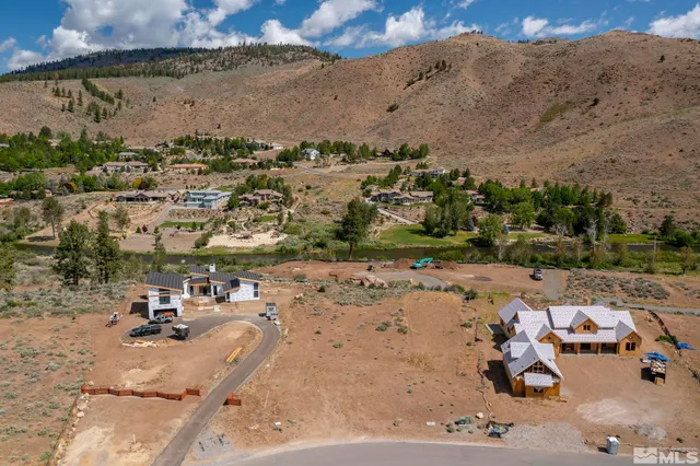 an aerial view of a yard with horses