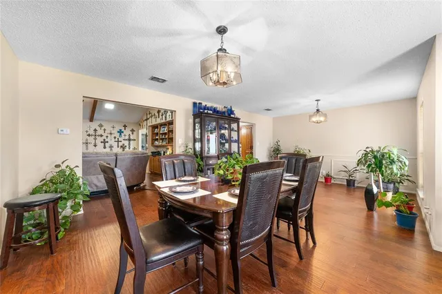 a dining room with furniture potted plants and wooden floor