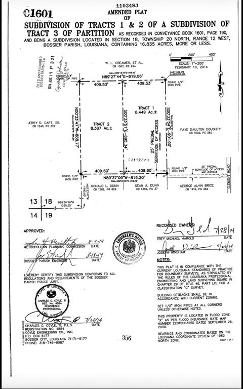 161 Clement Road Benton, LA 71006 - Photo 3 of 5 Amended Plat. Detailing the subdivision of the property into tracts 1 and 2, including ownership and approval records