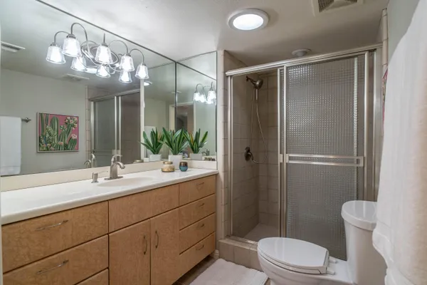 a bathroom with a sink a toilet a mirror a vanity and shower