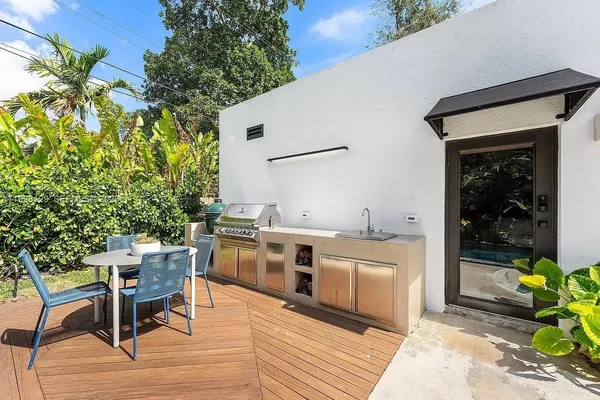 a view of a backyard with table and chairs