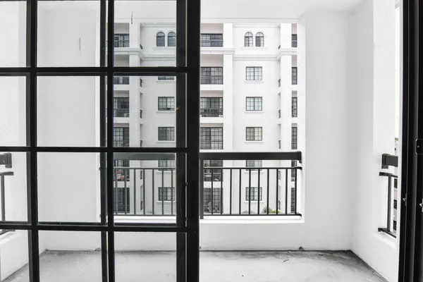 a view of a building from a balcony