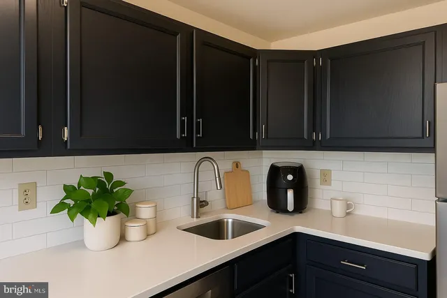 a kitchen with a sink and potted plant