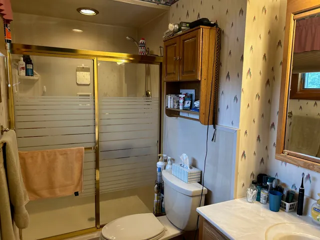 a bathroom with a sink toilet and shower
