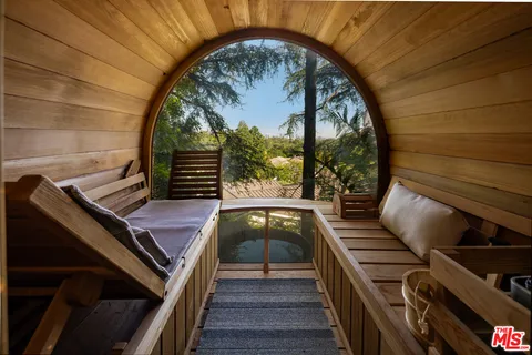 a view of a balcony with wooden floor and a potted plant