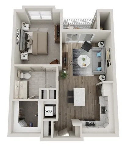 a view of a room with stairs and a window