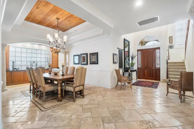 a view of a dining room with furniture