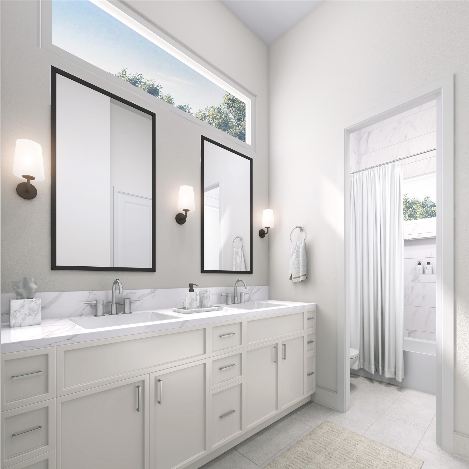 5327 Lambeth Riverside Drive Houston, TX 77091 - Photo 8 of 18 Bright guest bath with a sleek double-sink vanity, designer mirrors, and ample storage. High ceilings and a transom window bring in natural light, while the walk-in shower features clean, modern finishes.