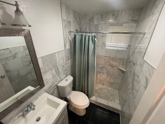 a bathroom with a granite countertop toilet a sink and a shower