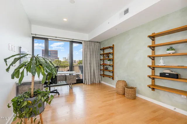 a living room with furniture and a potted plant