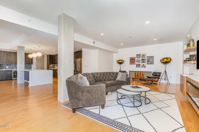 a living room with furniture and a dining table with kitchen view