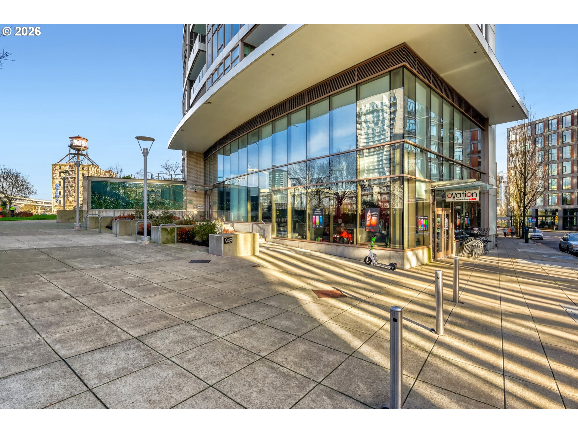 a view of a building with a street