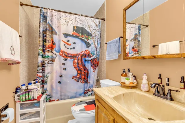 a bathroom with a sink toilet and shower curtain