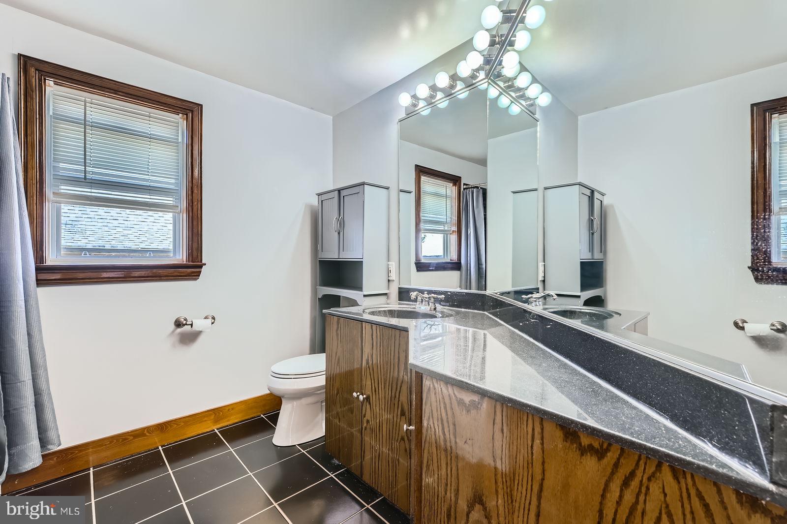 1004 Thompson Boulevard Baltimore, MD 21221 - Photo 31 of 48 a bathroom with a double vanity sink a toilet and a mirror