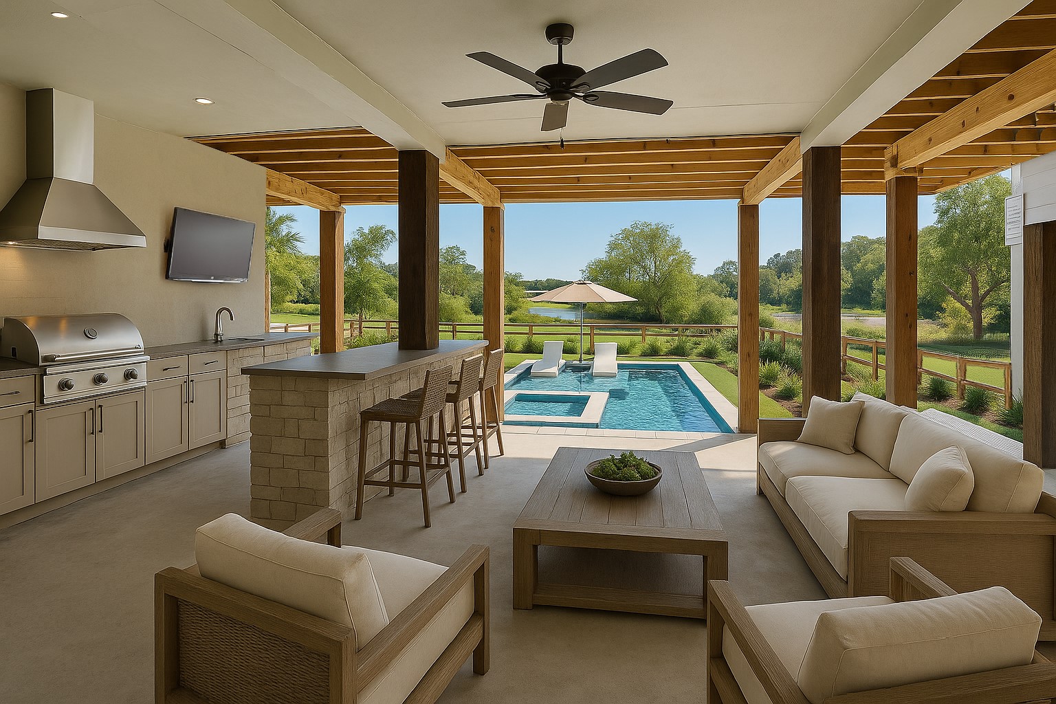 3845 Water Street Dickinson, TX 77539 - Photo 3 of 38 The garage offers not only room for cars and golf carts but it also allows for amazing outdoor kitchen options and comfortable covered patio spaces. This is a rendering but imagine what you can do with this space!