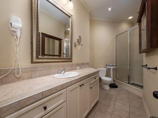 a bathroom with a granite countertop sink toilet and mirror