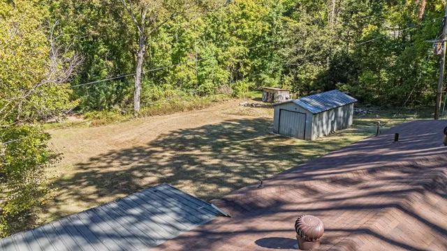 a view of a yard with plants and trees