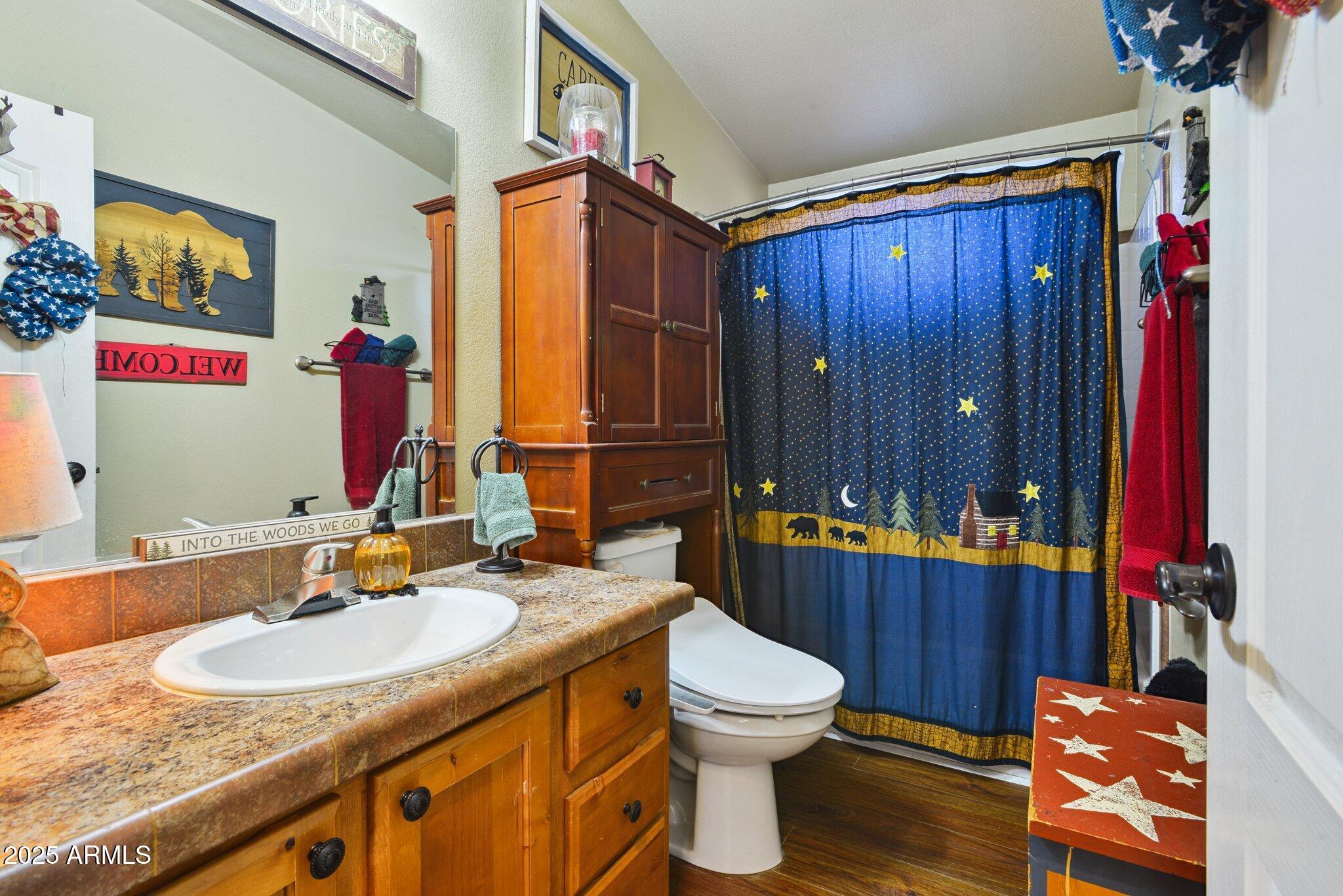 1220 Caribou Road Munds Park, AZ 86017 - Photo 25 of 42 a bathroom with a sink a toilet and shower curtain