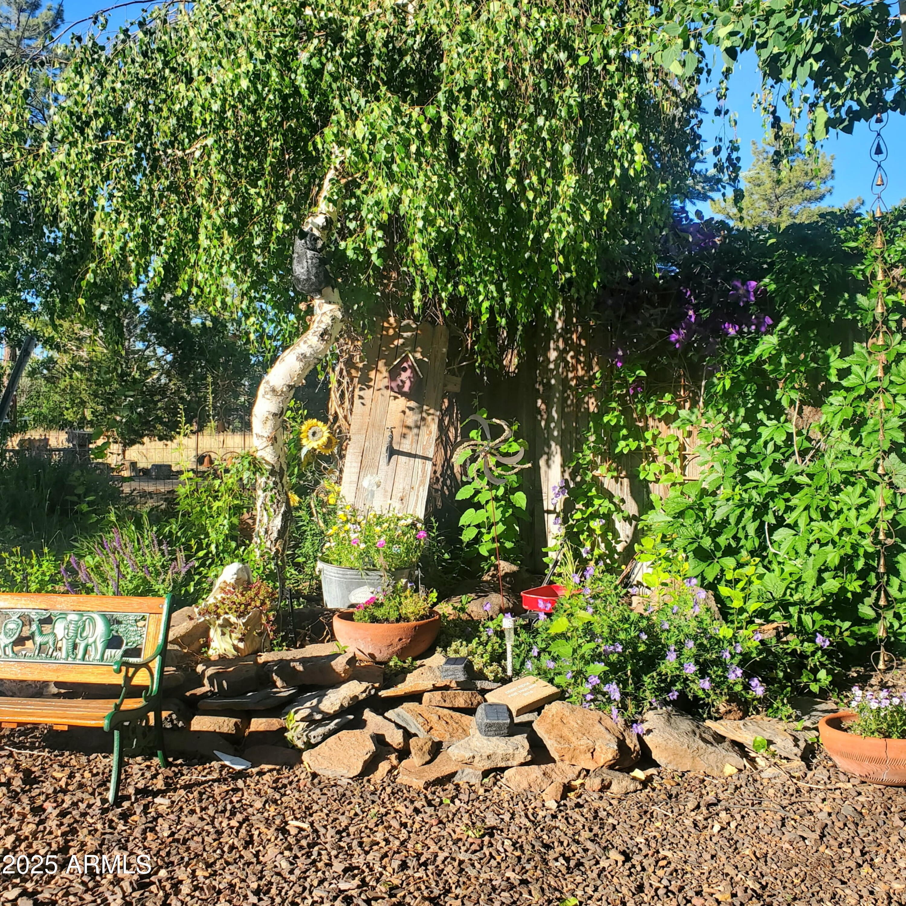 1220 Caribou Road Munds Park, AZ 86017 - Photo 29 of 42 a backyard of a house with lots of green space and a fountain
