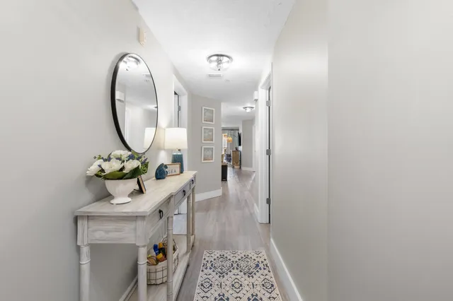 a view of a hallway with wooden floor and a potted plant