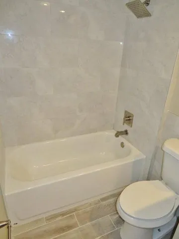 a bathroom with a toilet and a bath tub
