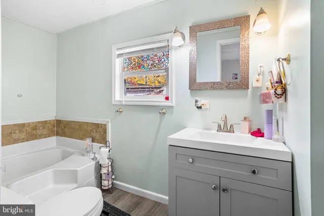a bathroom with a sink toilet vanity and tub