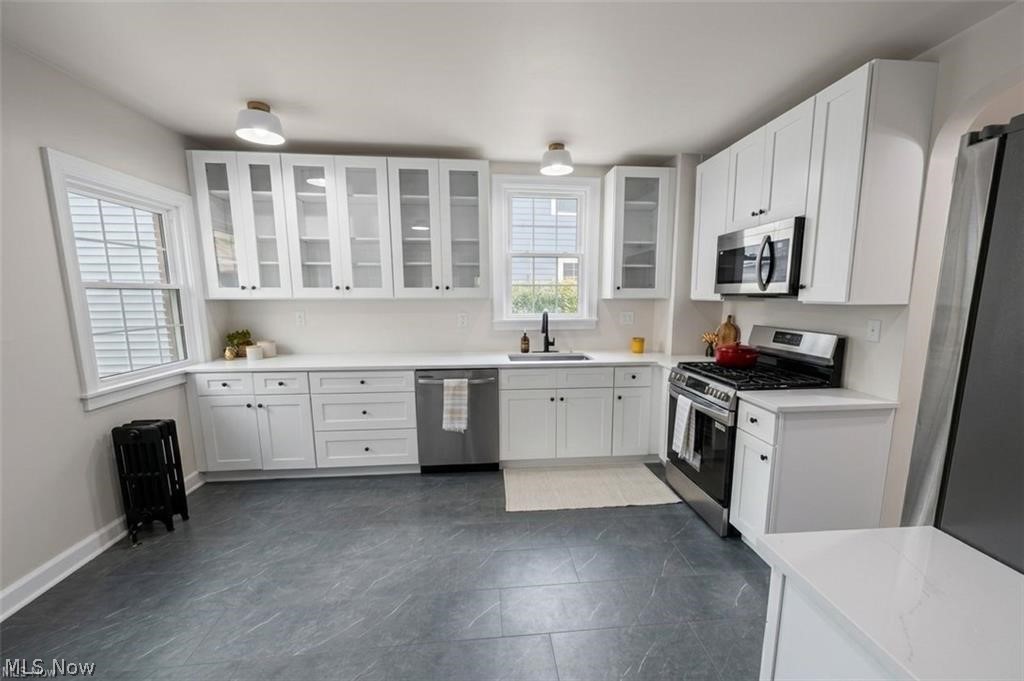 3145 Huntington Road Shaker Heights, OH 44120 - Photo 13 of 28 Bright kitchen with white cabinetry, stainless steel appliances, dark tile flooring, a white tile backsplash, and two windows