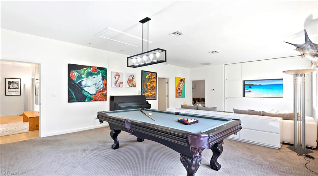 586 Yucca Road Naples, FL 34102 - Photo 14 of 26 Rec room featuring billiards table, light carpet, and attic access