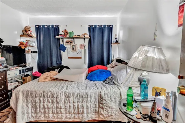 a bedroom with a bed and a flat tv screen
