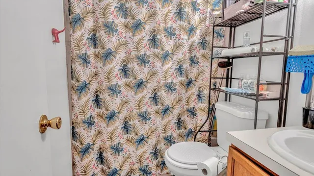 a white toilet sitting next to a shower curtain
