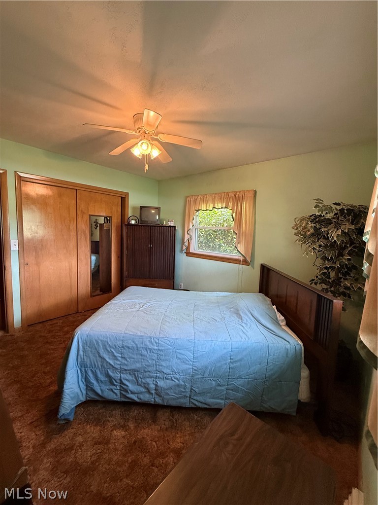 10993 Claridon Troy Road Chardon, OH 44024 - Photo 11 of 20 Carpeted bedroom featuring a ceiling fan with integrated lighting, wood-finish closet doors, and a window with natural light
