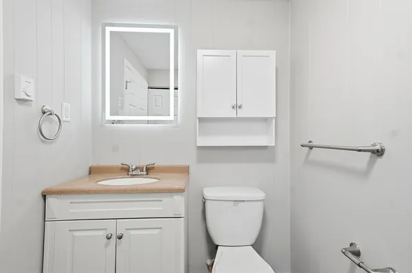 a bathroom with a toilet sink vanity and mirror