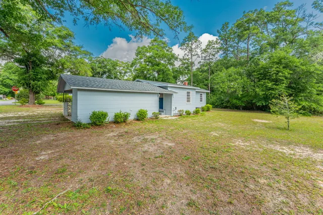 a view of a house with backyard and tree