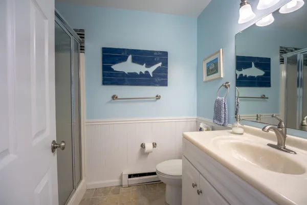 a bathroom with a sink a mirror a toilet and shower