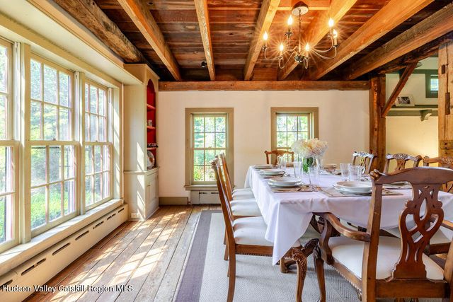 a view of a dining room with furniture window and outside view