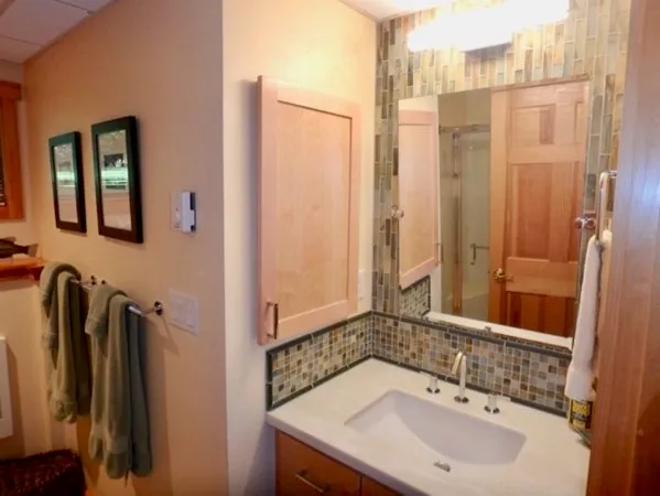 a bathroom with a sink a mirror and a shower