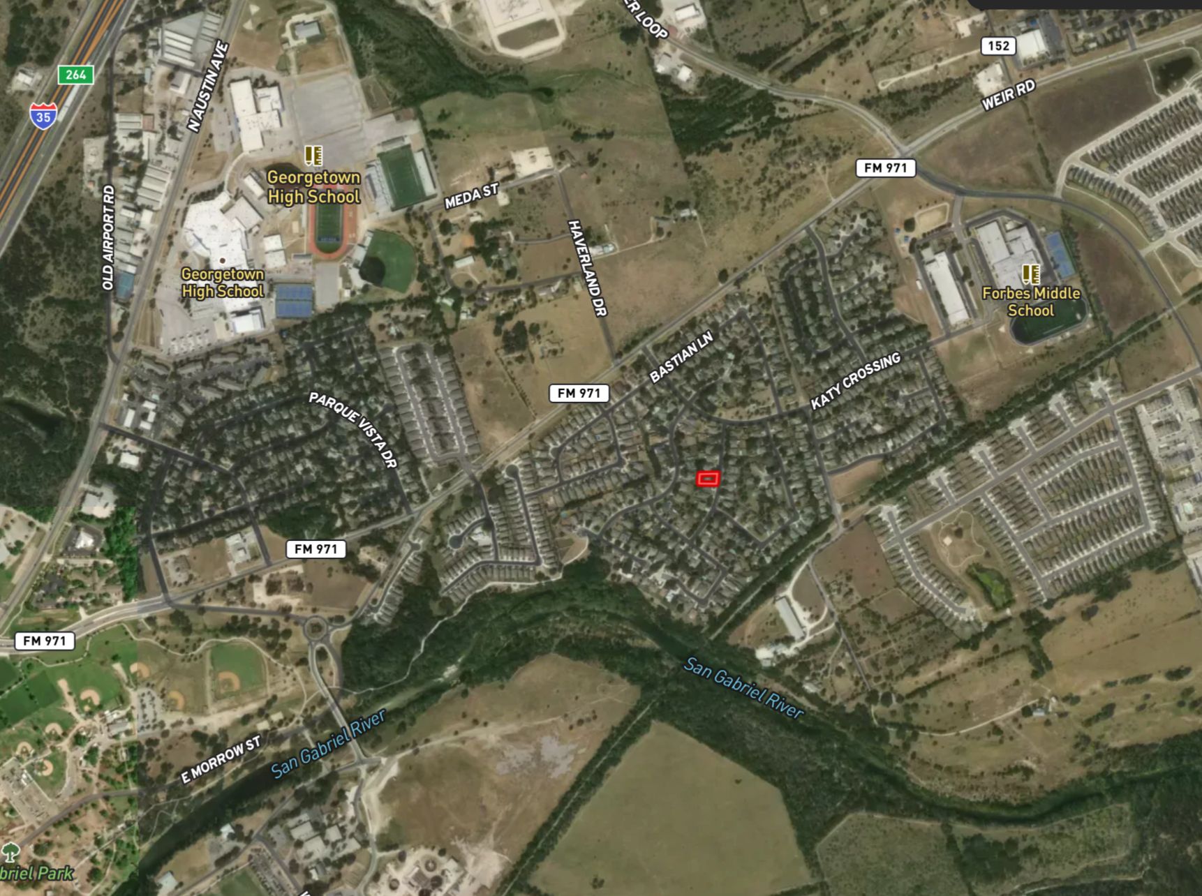 119 Stephen Lane Georgetown, TX 78626 - Photo 30 of 32 An aerial perspective showcases Katy Crossing along the upper ridge above the San Gabriel River offering access to trails, parks, nature and wildlife.
