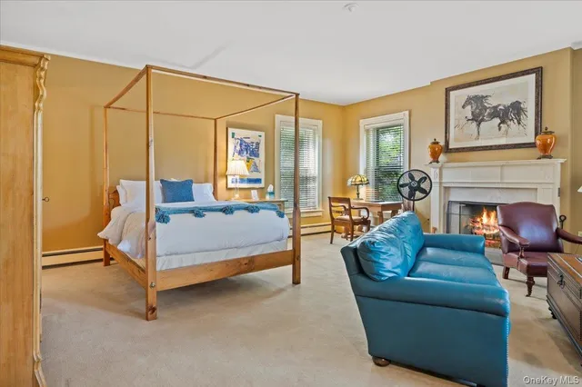 a bedroom with furniture and a fireplace